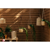 A styled boho garden or patio corner with a warm brown wooden plank wall, featuring hanging woven planters with trailing green plants, a bamboo pendant light, and a small wooden table with potted plants.
A can of Tikkurila Valtti Plus Color durable wood stain, featuring a label with a wood-grain pattern and a red brand logo block on a white. 
background. Tikkurila Valtti Plus Colour  - Woodstain in Matt Finish