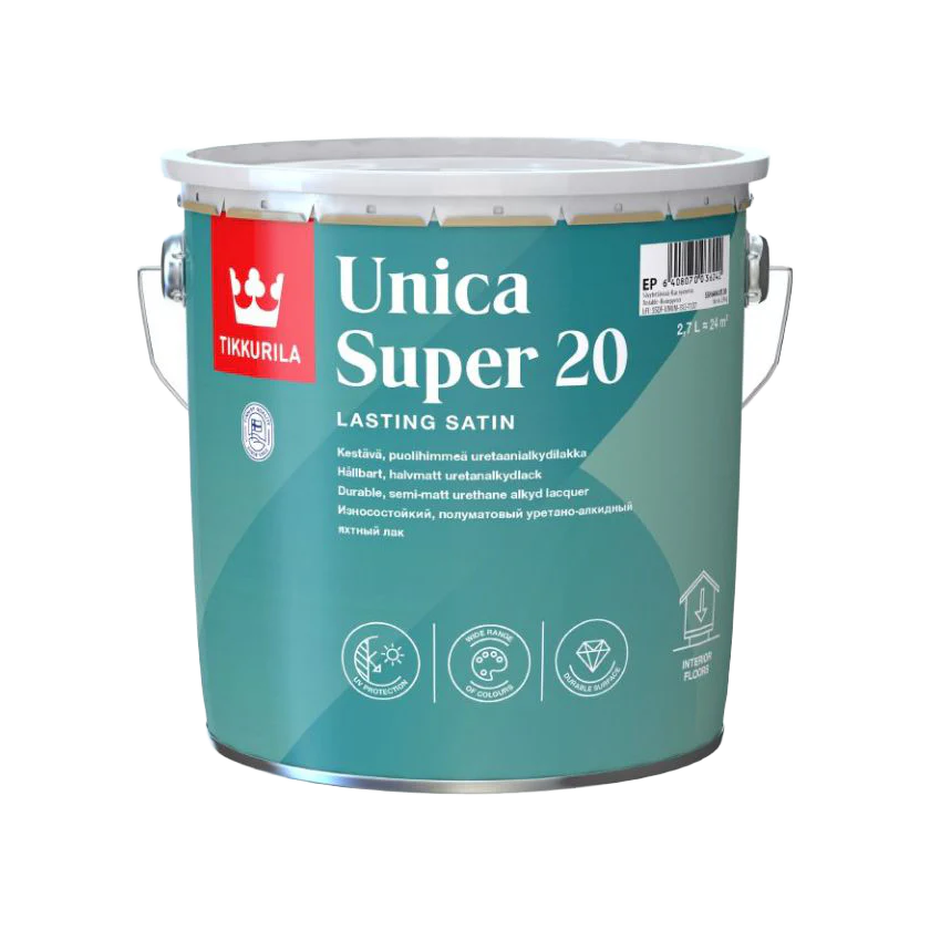 A 2-liter metal paint can of Tikkurilla Unica Super 20 Lasting Satin, featuring a teal label with white text and a red brand logo block on the left. Tikkurila Unica Super 20 