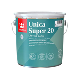 A 2-liter metal paint can of Tikkurilla Unica Super 20 Lasting Satin, featuring a teal label with white text and a red brand logo block on the left. Tikkurila Unica Super 20 