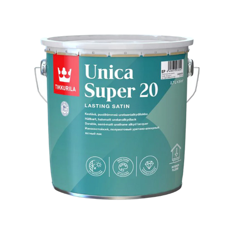 A 2-liter metal paint can of Tikkurilla Unica Super 20 Lasting Satin, featuring a teal label with white text and a red brand logo block on the left. Tikkurila Unica Super 20 