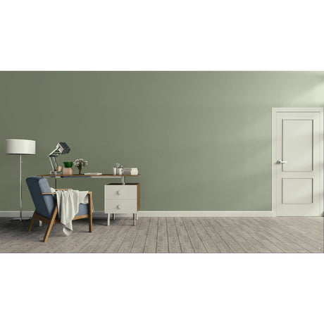 A minimalist room scene with a sage green wall, light wood floor, a white door on the right, and a home office setup on the left featuring a desk, lamp, chair, and throw blanket.