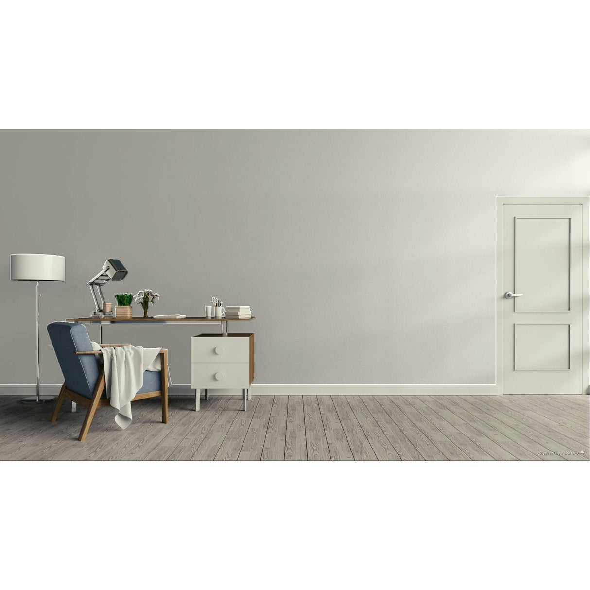 A minimalist room scene with a light gray wall, gray wood floor, a white door on the right, and a home office setup on the left featuring a blue armchair, desk, lamp, and side cabinet.