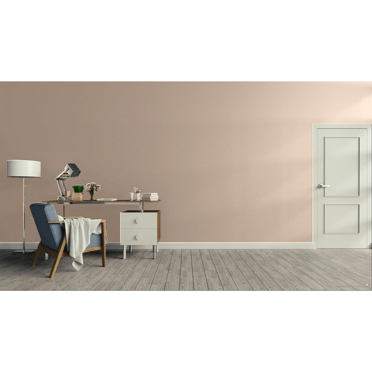 A minimalist interior room scene with a dusty pink wall, gray wood floor, a white door on the right, and a home office setup on the left featuring a desk, lamp, chair, and small cabinet. Prestige Chalking Mid Paint