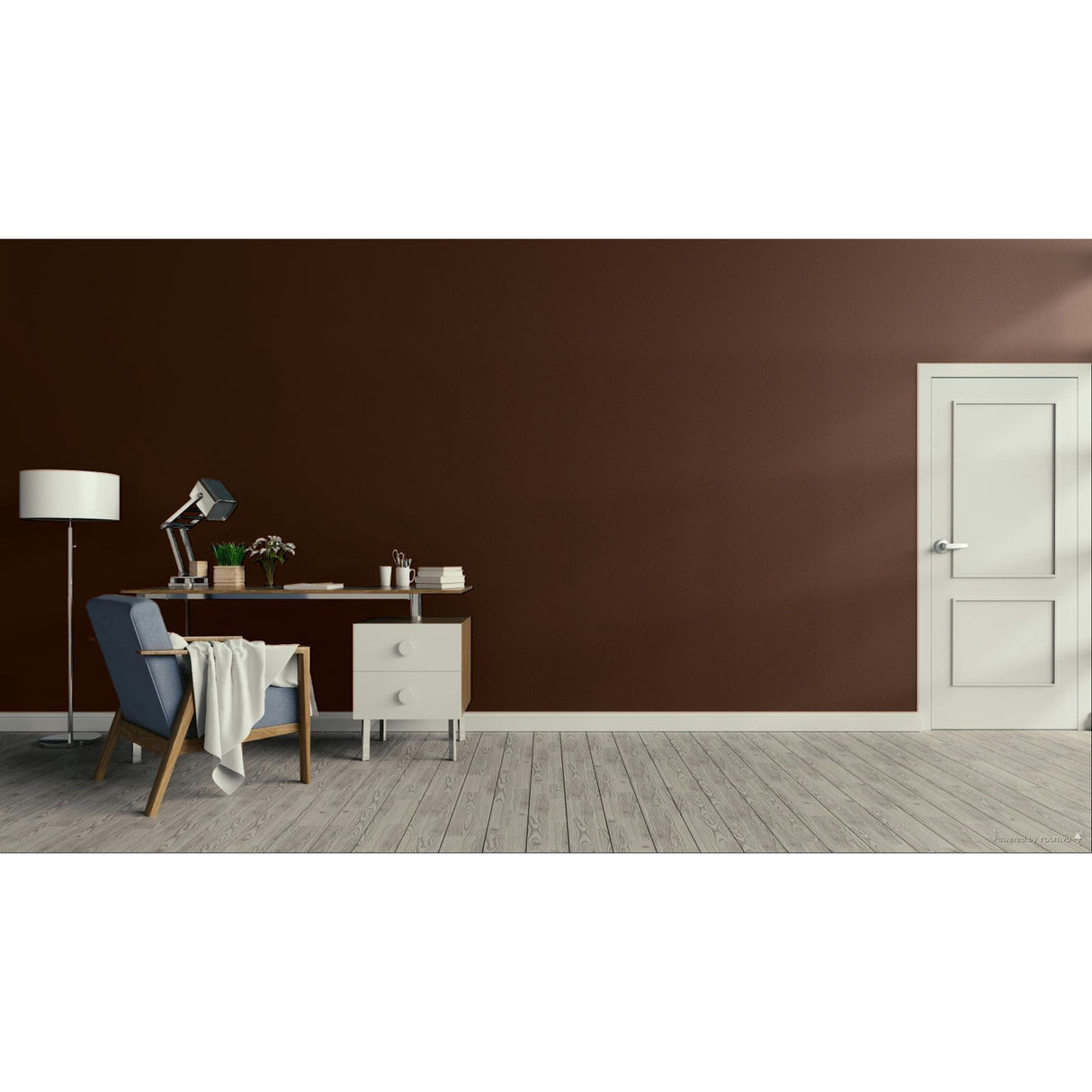 A minimalist room scene with a dark brown wall, light wood floor, a white door on the right, and a home office setup on the left featuring a blue armchair, desk, lamp, and small cabinet.