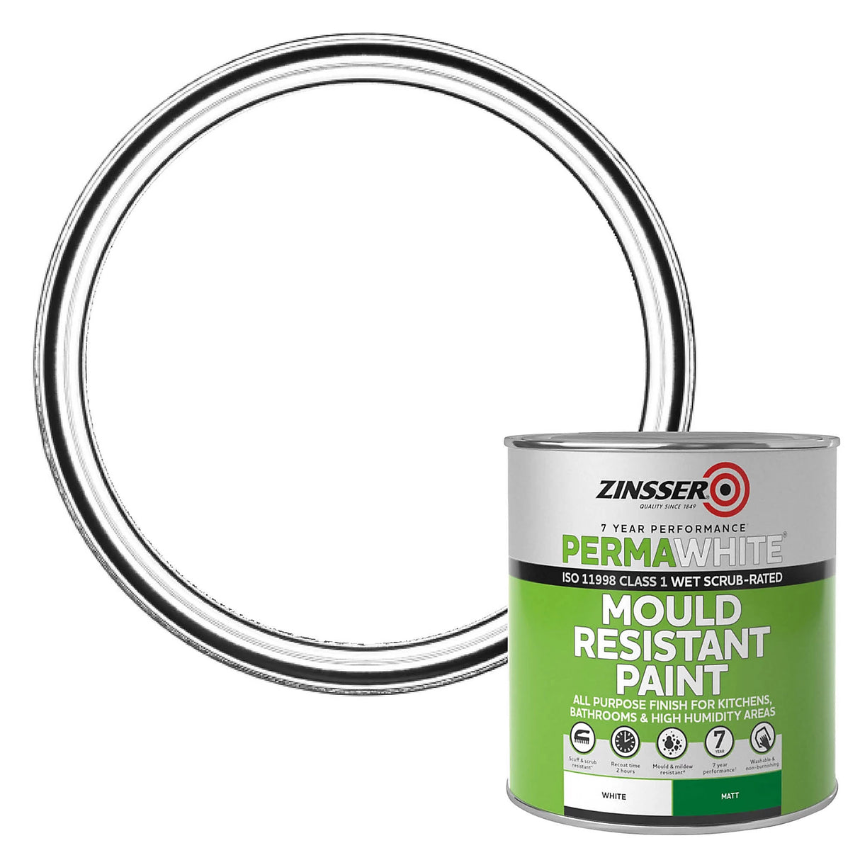 A can of Zinsser PermaWhite mould resistant paint shown next to a large circular graphic representing the white paint color, on a solid white background.