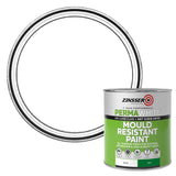 A can of Zinsser PermaWhite mould resistant paint shown next to a large circular graphic representing the white paint color, on a solid white background.