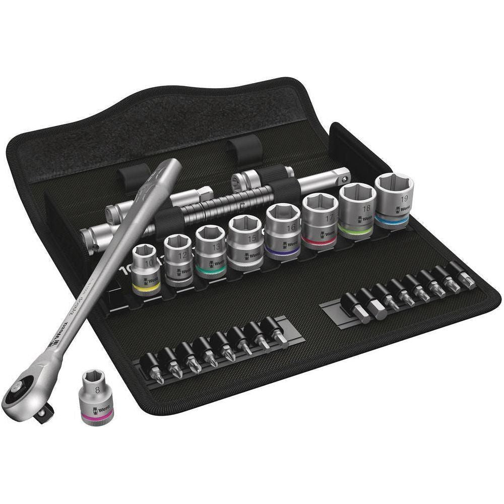 8100 SB 7 Zyklop Metal Ratchet Set with push-through square3/8" drivemetric29 pieces