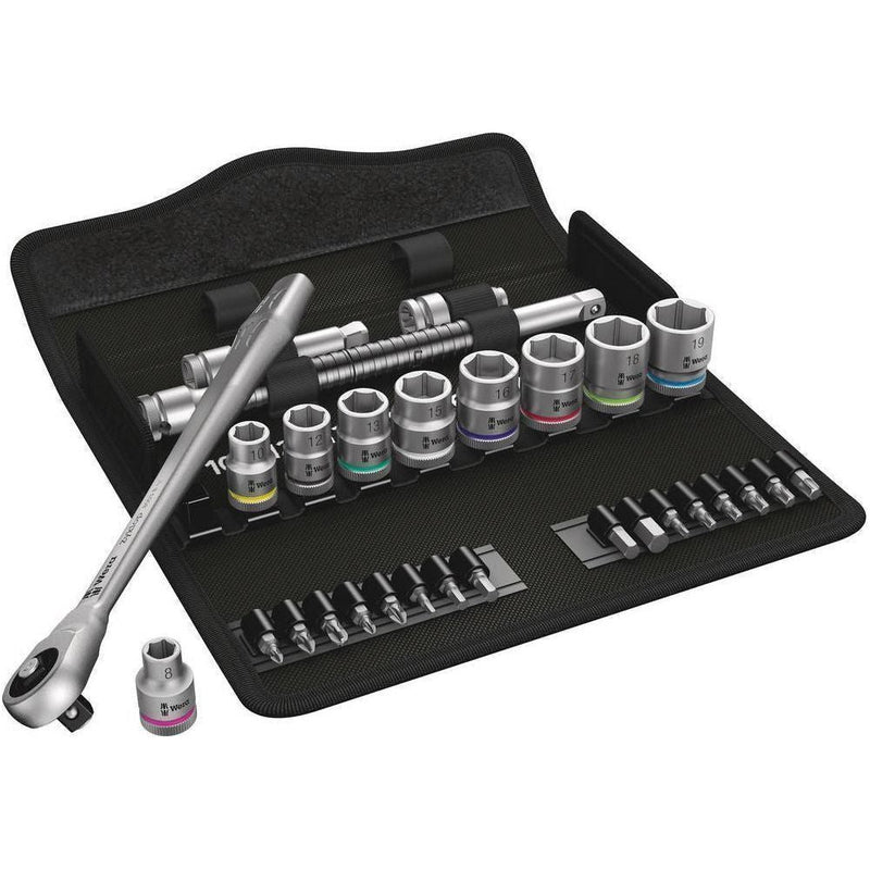 8100 SB 7 Zyklop Metal Ratchet Set with push-through square3/8" drivemetric29 pieces